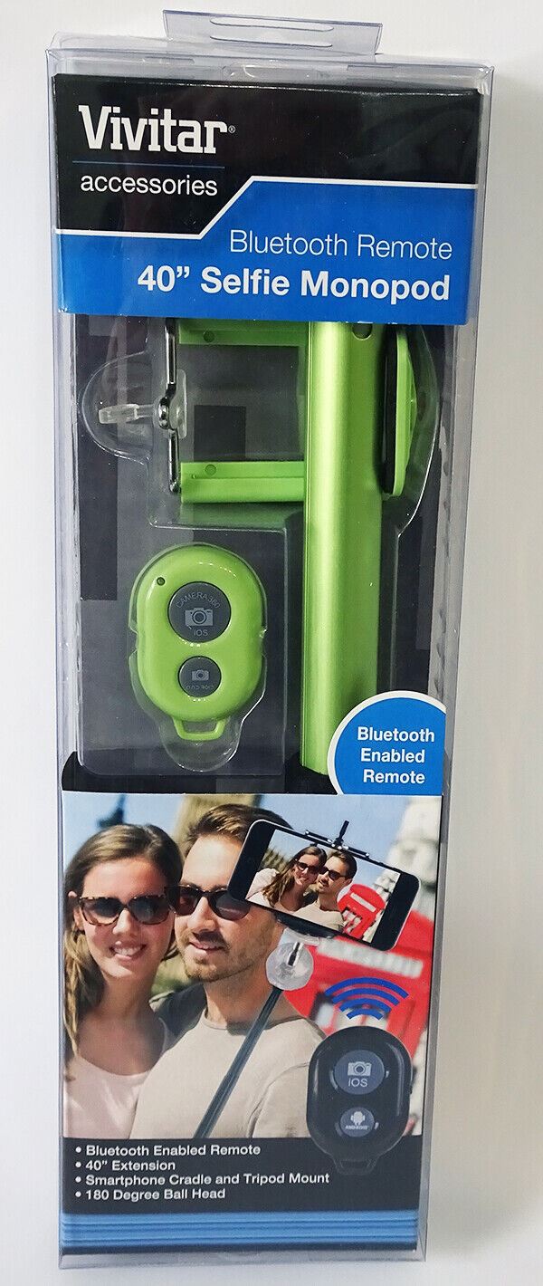 Vivitar 40" 100cm Selfie Stick Monopod Lime Green Bluetooth remote Phone holder