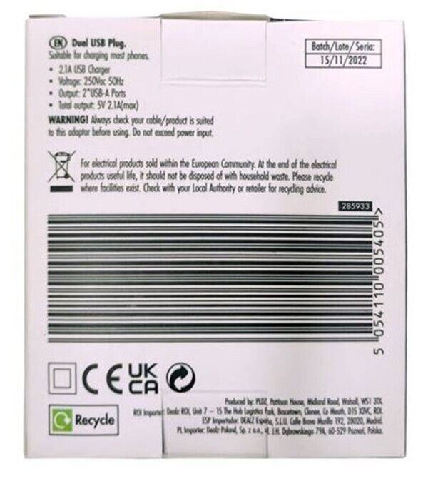 VIDO 2.1 AMP Fast Dual Twin 2 Port USB Charger for UK Mains Wall Plug #05405 UK