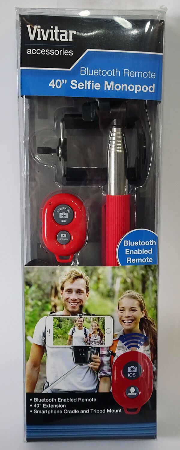 Vivitar 40" 100cm Selfie Stick Monopod in Red + Bluetooth remote + Phone holder