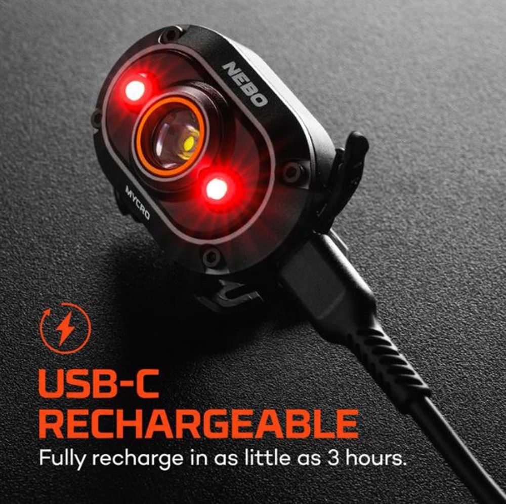 Nebo Mycro Head Torch lamp, & Cap Light 450 Lumen Turbo Mode Rechargeable - Grey