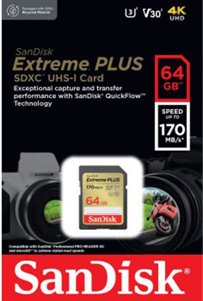 SanDisk 64GB Extreme Plus SDXC SD Card Class 10 UHS-3 4K Memory Card 170MB/S  UK