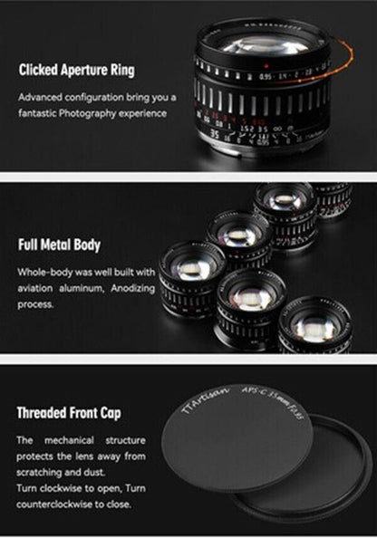 TTArtisan 35mm F0.95 Lens APS-C Format Fuji film X F Mount Camera Black & Silver