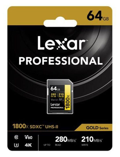 Lexar 64GB GOLD SDXC Memory Card Class 10 V60 UHS-II U3 Memory Card 280 MB/S  4K