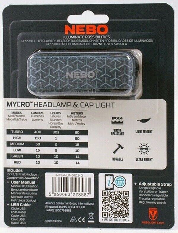 NEW Nebo Mycro Headlamp, & Cap Light 400 Lumen Turbo Mode Rechargeable (UK) BNIB