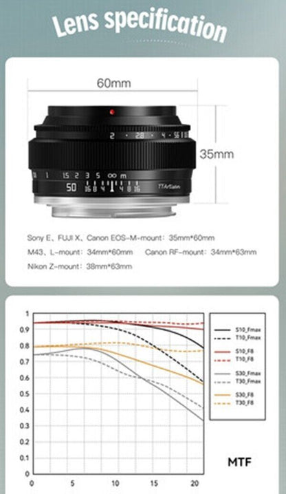 TTArtisan 50mm F2 Lens Full Frame Format Mount Canon EOS R RF Camera Black  (UK)