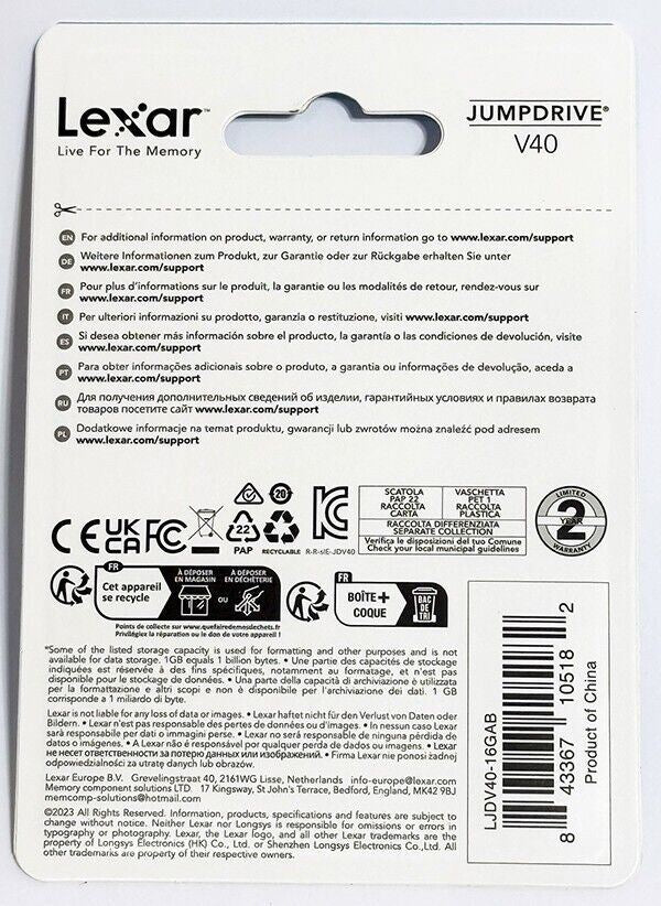 Lexar 16Gb USB Flash Jump Drive USB 2.0 V40 Memory Stick Black & Silver (UK) NEW
