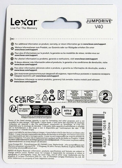 Lexar 16Gb USB Flash Jump Drive USB 2.0 V40 Memory Stick Black & Silver (UK) NEW