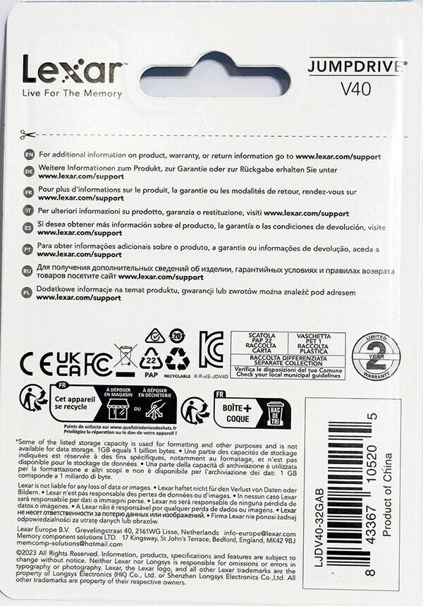 Lexar 32Gb USB Flash Jump Drive USB 2.0 V40 Memory Stick Black & Silver (UK) NEW