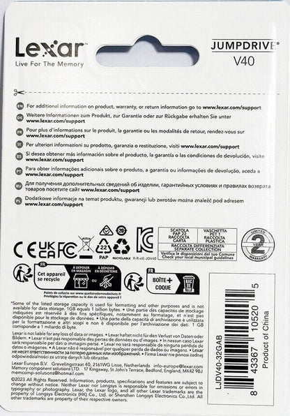 Lexar 32Gb USB Flash Jump Drive USB 2.0 V40 Memory Stick Black & Silver (UK) NEW