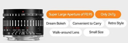 TTArtisan 35mm F0.95 Lens APS-C Format Fuji film X F Mount Camera Black & Silver