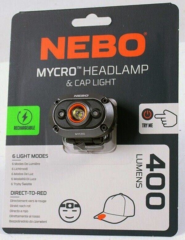 NEW Nebo Mycro Headlamp, & Cap Light 400 Lumen Turbo Mode Rechargeable (UK) BNIB