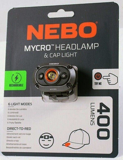 NEW Nebo Mycro Headlamp, & Cap Light 400 Lumen Turbo Mode Rechargeable (UK) BNIB